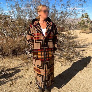 Justin Kraff Reversible Long Wool Coat, Pendleton “Harding” pattern black/tan